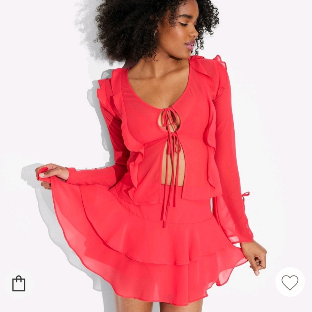 New Wild Fable Y2K Style Red Chiffon Tiered Mini Skirt